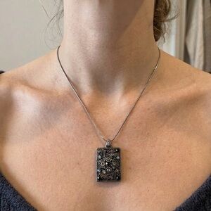 Vintage- Style Rectangular Silver Pendant Necklace - Silver